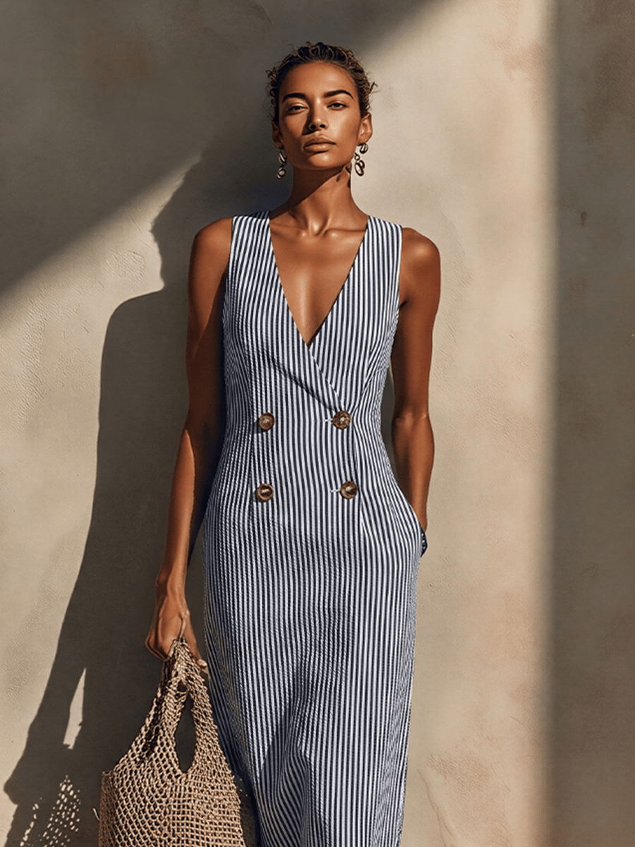 Blazer-style maxi dress featuring double-breasted gold buttons and nautical stripes, made from soft breathable fabric for a stylish and comfortable look. 0